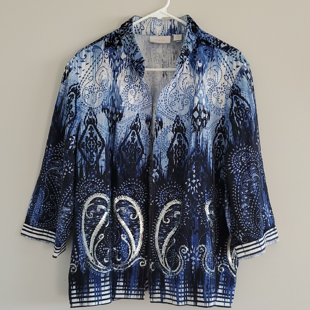 Chico's Ombre Paisley Print  Linen Cotton Blend Open Front Duster Jacket XL